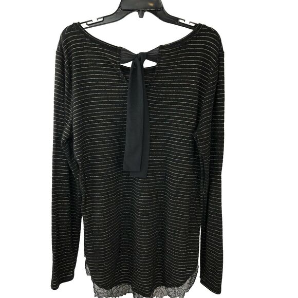 Fairy Lauren Conrad L Black Gold Metallic Striped Lace Hem Tunic Top Tie Back - Picture 2 of 9